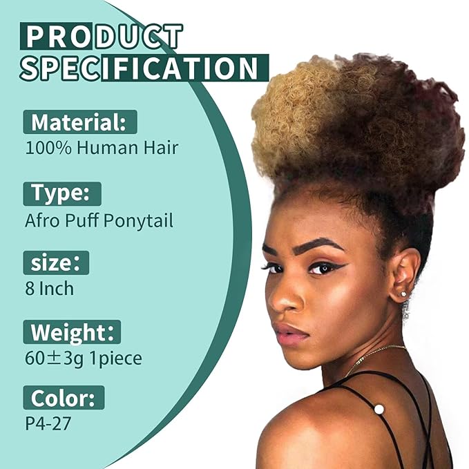 Afro Puff Clip On Human hair Drawstring Ponytail for Black Women,Short Afro Kinkys Curly Afro Bun Extension Hairpiece Ponytail Extension 8 Inch #4-27 Medium Brown/Dark Blonde 60g