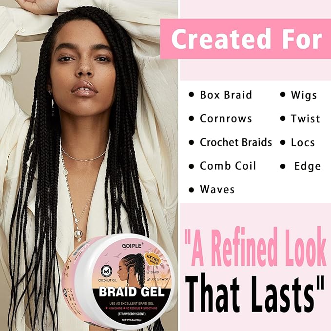 150g Braid Gel with Extra Hold, High Shine for Twists, Locs, Braids & Edge Control - Smooths Frizz, Long-Lasting for Locks, Cornrows 5.3oz (Strawberry Flover)