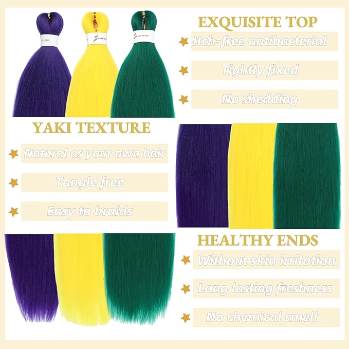 24 inch Colored Pre Stretched Braiding Hair Natural as Human Braiding Hair Extensions Crochet Hair Synthetic Crochet Braids (24Inch, Green/Purple/Yellow)
