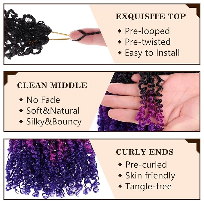 COOKOO 8 Inch 8 Packs Pre Looped Soft Yanky Twists Crochet Hair for Women Pre-twisted Passion Twists Crochet Braids with Curls Spring Twist Crochet Hair Extensions Twist Crochet Braiding Hair 49#