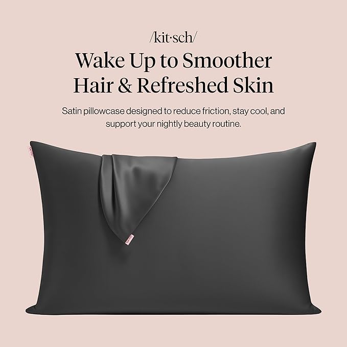 Kitsch Satin Pillowcase with Zipper for Hair & Skin, Softer Than Silk Pillow Cases Queen, Wrinkle-Free, Smooth and Cooling Satin Pillow Covers, Standard Size 19"x26" - Charcoal