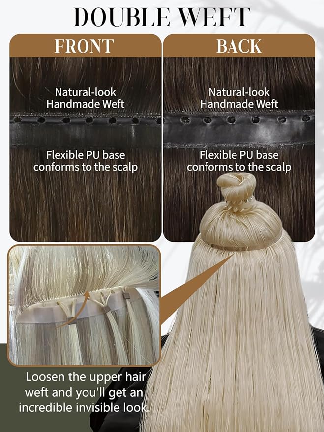 LOXXY Double Layered PU OVO Hair Extension - 18 Inch 100g Butterfly Hand Tied Weft Hair Extensions Human Hair With Holes - Darkest Brown to Chestnut Brown Highlights，Weft Width 31.5"(80cm)