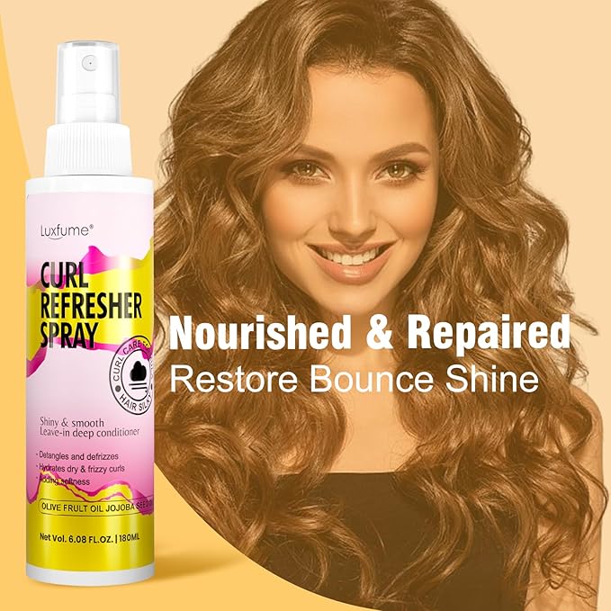 Curl Refresher Spray with Olive Fruit Oil and Jojoba Seed Oil for Hydration | Frizz Control for Soft, Shiny Curls, 180ml