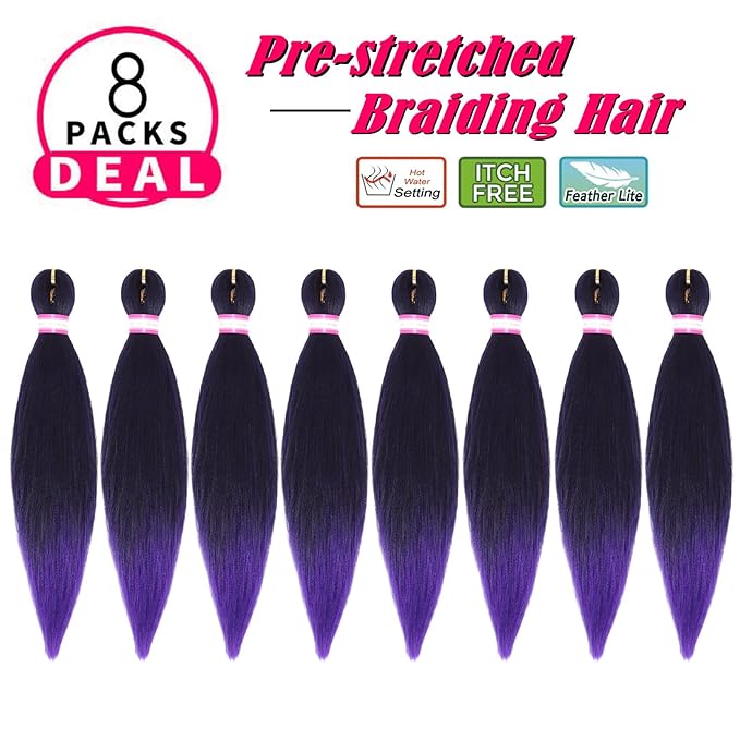 Dorsanee Ombre Purple Braiding Hair Pre Stretched 20 Inch 8 Packs Braiding Hair Extensions for Crochet Box Braids Twists Locs Hair Itch Free Soft Yaki Texture Hot Water Setting (20inch,#1B/Purple)