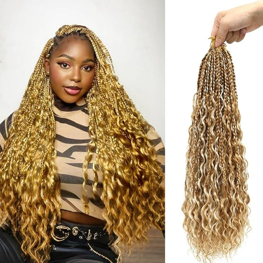 Eacia Goddess Box Braids Crochet Hair 24 Inch 7 Packs Honey Blonde Boho Box Braids Crochet Hair Extensions with Curly Ends for Women(24 Inch, P27/613#)