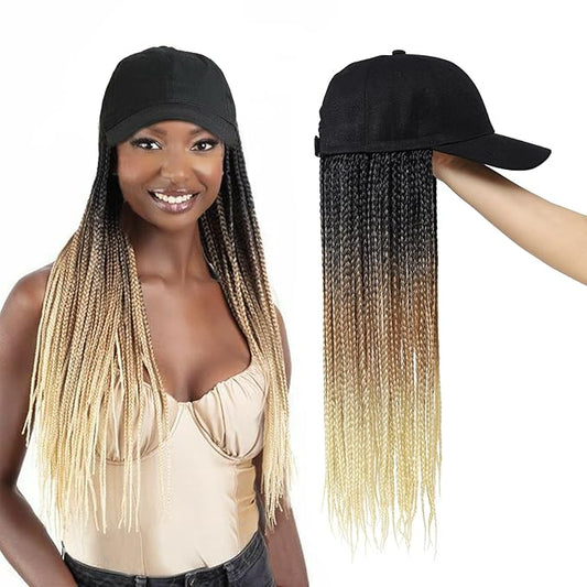 Braided Baseball Cap Wig Box Braid Hair Extensions with Hat Ombre black brown blonde Cap Wig with 18inch Long Synthetic Braiding Hair for Women (18inch 1B/27/613)