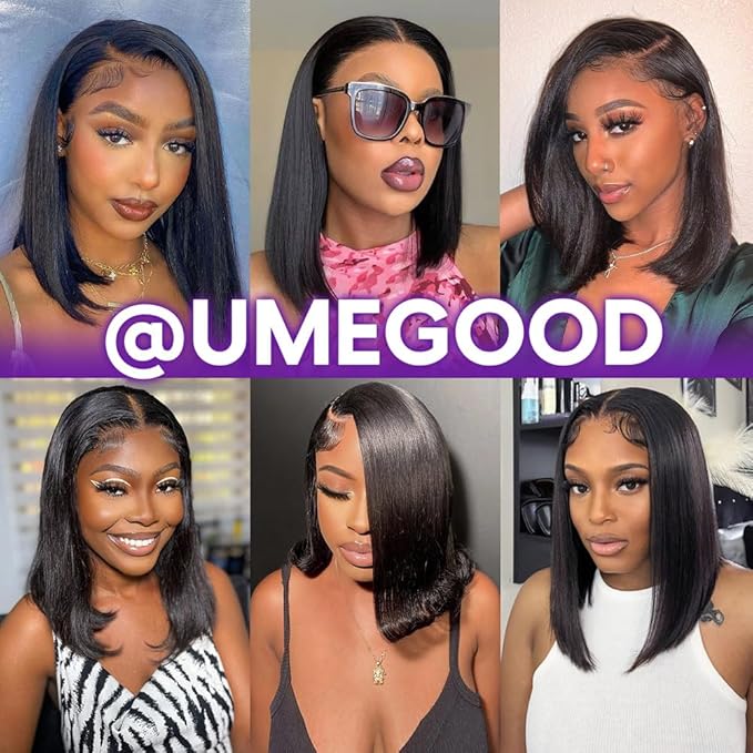 UMEGOOD Bob Wig Human Hair 13x4 HD Lace Frontal Short Straight Lace Front Wigs Human Hair Pre Plucked Bob Wigs for Black Women 200% Density Natural Black 10 Inch
