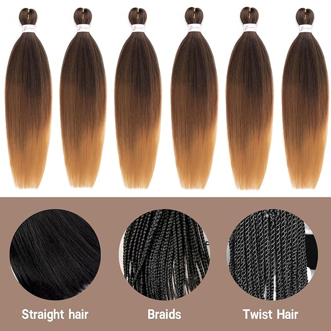 Ombre Braiding Hair 24 Inch Pre Stretched Braiding Hair Professional Hair Extensions 6 Packs 100% Kanekalon Synthetic Crochet Hair Braids Yaki Texture Hair Braiding(24Inch,T1B/30/27#).