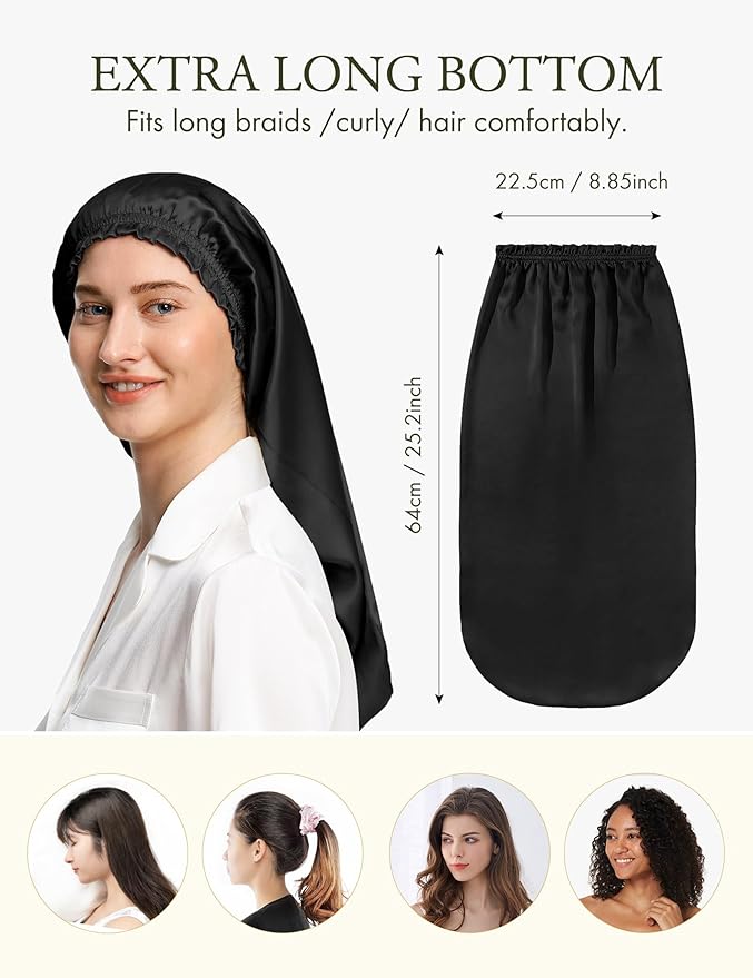 LilySilk Extra Long Silk Bonnet Sleep Cap for Women Soft Adjustable Hair Bonnet for Braids,Curly,Long Hair- Soft Elastic Band, Black