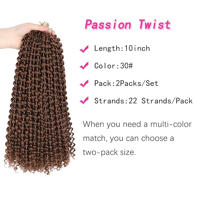 10 Inch Passion Twist Hair, Brown Water Wave Crochet Hair 22 Strands/Pack Passion Twist Crochet Hair For Women Short Passion Twists Braiding Hair Curly Braiding Hair (10 Inch (Pack of 2), #30)