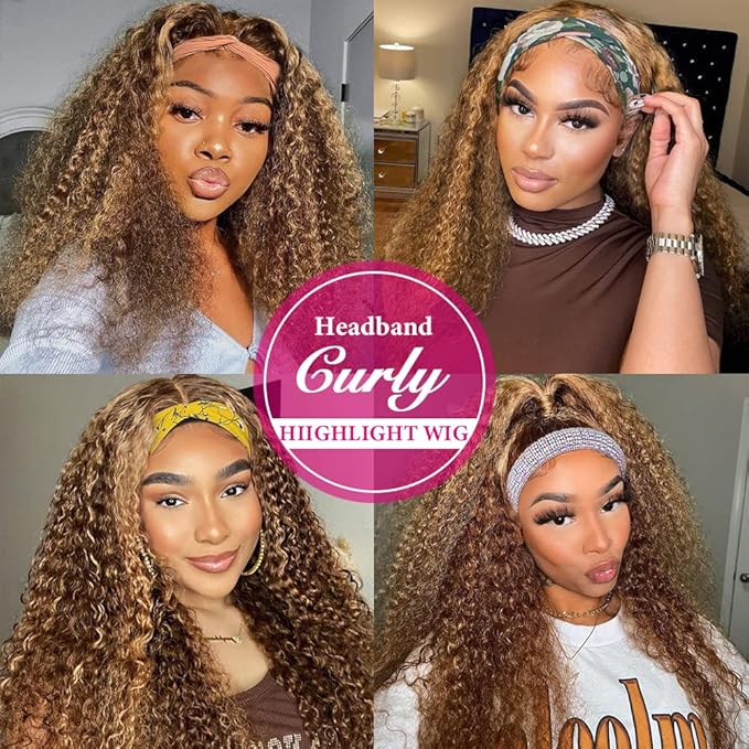 Eooma #4/27 Omber Headband Wig Human Hair 180% Density Curly Wigs for Black Women 10A Brazilian Curly Human Hair Headband Wigs Scarf No Gel Gluelees 22 Inch Remy Hair