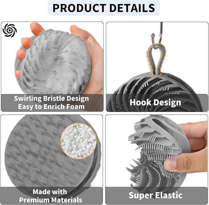 Larger Silicone Body Scrubber&Scalp Massager Hair Growth,Dual Sided Dual-Use,Exfoliating Body Scrubber,Wet&Dry Brush for Hair Massager Scalp,Silicone Shower Scrubber (Grey)