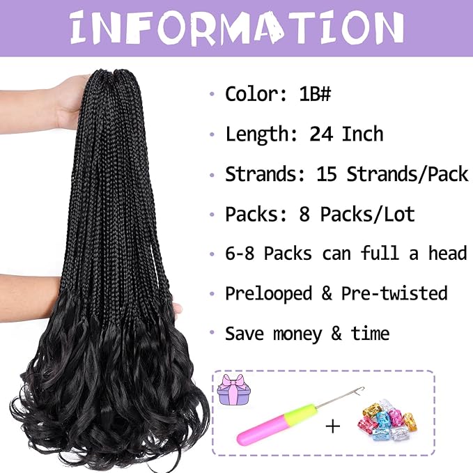 French Curl Crochet Braids 24 Inch Goddess Box Braids Crochet Hair for Women 8 Packs Pre Looped Crochet Box Braid with Curly Ends Synthetic French Curly Braiding Hair Extensions (1B#)