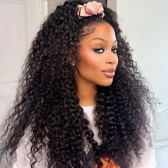 Half Wig Human Hair 200 Density Deep Wave 3 In 1 Glueless Curly Half Wig Human Hair Ready to Wear and Go Seamless Flip Over with Drawstring Beginner Friendly Curly Wig Headband Wigs for Women 20 Inch