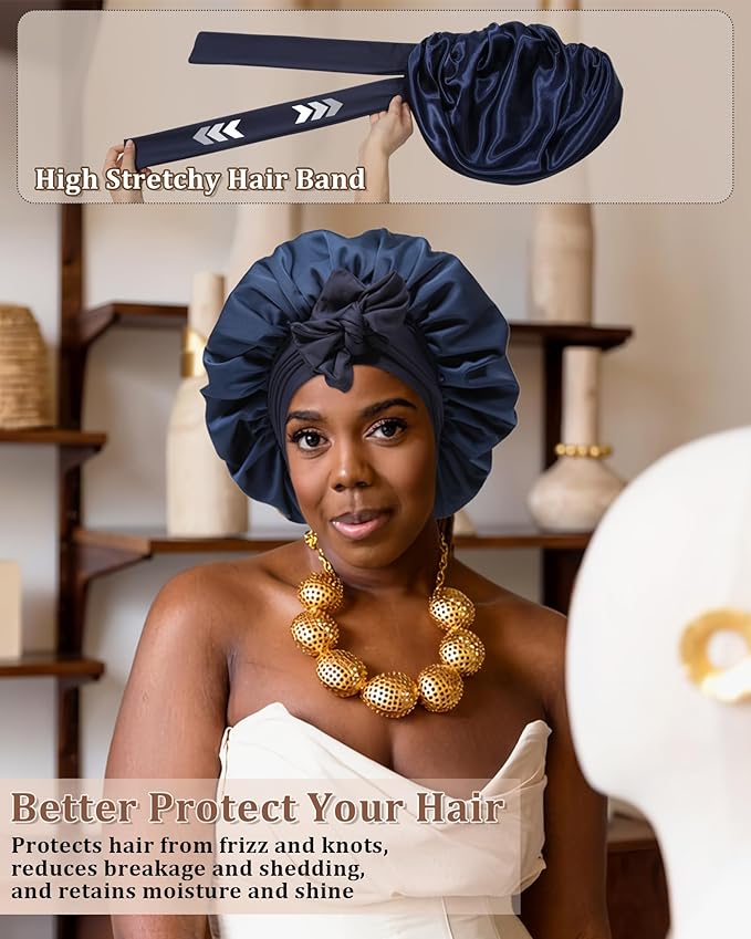 Reversible Satin Bonnet for Sleeping Women Double Layer Hair Bonnet with 2PCS Hair Scrunchies Elastic Tie Band Night Cap