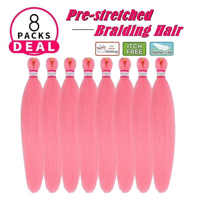 Pink Braiding Hair Pre Stretched 20 Inch 8 Packs Braiding Hair Extensions for Crochet Box Braids Twists Locs Hair Soft Yaki Texture Hot Water Setting (20inch,#Pink)