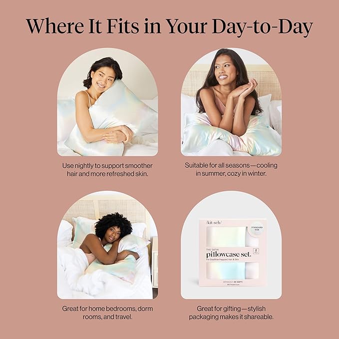 Kitsch Satin Pillowcase with Zipper for Hair & Skin, Softer Than Silk Pillow Cases Queen, Wrinkle-Free, Smooth and Cooling Satin Pillow Covers, Standard Size 19"x26" - Aura, 2pcs