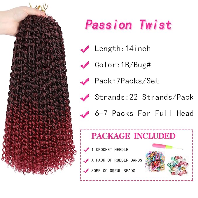 14 Inch Passion Twist Hair, Short Ombre Burgundy Water Wave Crochet Hair Passion Twist Crochet Hair For Women Passion Twists Braiding Hair Curly Braiding Hair Extensions (14 Inch (Pack of 7),1B/Bug)
