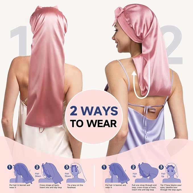 Umisleep Silk Bonnet for Sleeping Women, 22 Momme Mulberry Real Silk, Long Hair Bonnet for Braids & Curls to Reduce Frizz, Double Layer Hair Wrap with Soft Adjustable Tie Band, Pink