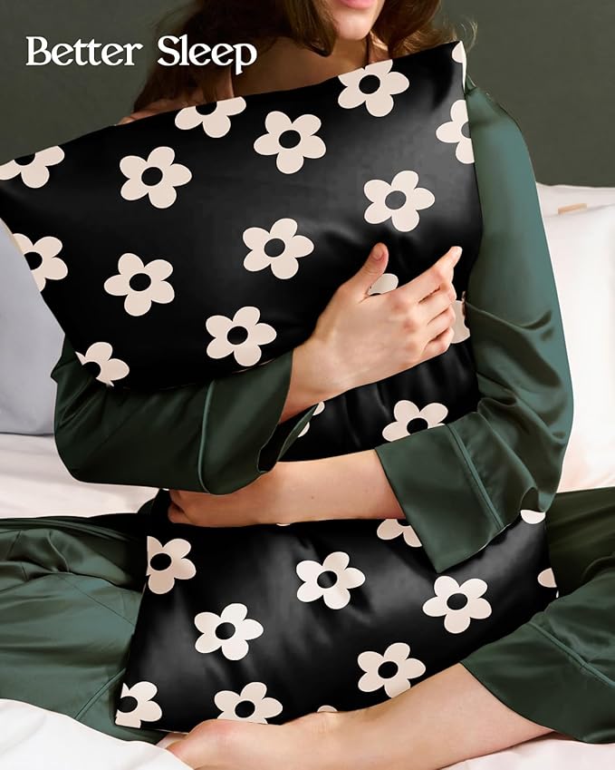 Silk Pillowcase 2 Pack - Cute Pillow Cases 20" x 26" Standard Size Set of 2 for Hair and Skin Smooth Soft Breathable with Hidden Zipper Cooling Pillow Covers for Sleeping, Black Flower