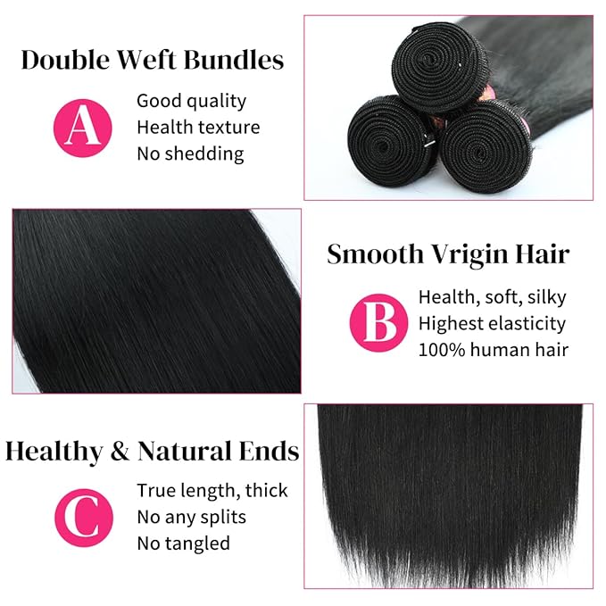 20 22 24 Inch 3 Bundles Human Hair Straight 12A 100% Unprocessed Brazilian Virgin Human Hair Bundlles Straight Natural Black, True to Length, Full to Weight