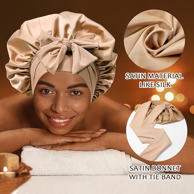 Satin Hair Bonnet Wide Band - Silk Like Sleeping Bonnets for Curly Hair Hair Wrap for Night Cap with Tie Band Breathable Satin Bonnet for Women and Girls (Coffee)