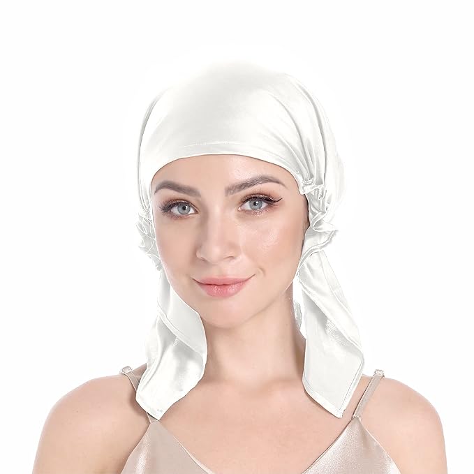 SissiLita Silk Sleeping Bonnet for Women, Large Silk Hair Cap with Tie Band, White
