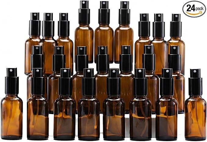 YIZHAO Amber Glass Spray Bottles 1oz, with Small Fine Mist Spray, Metal Cap, Refillable for Essential Oil,Travel,Cleaning,Perfume,Aromatherapy,Makeup – 24 Pcs