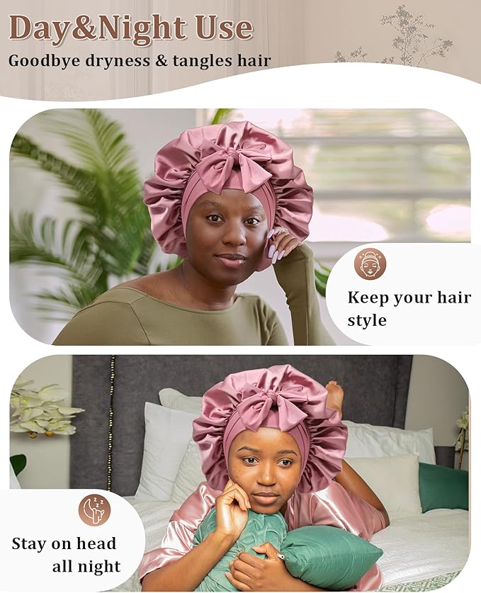 Reversible Satin Bonnet for Sleeping Women Double Layer Hair Bonnet with 2PCS Hair Scrunchies Elastic Tie Band Night Cap