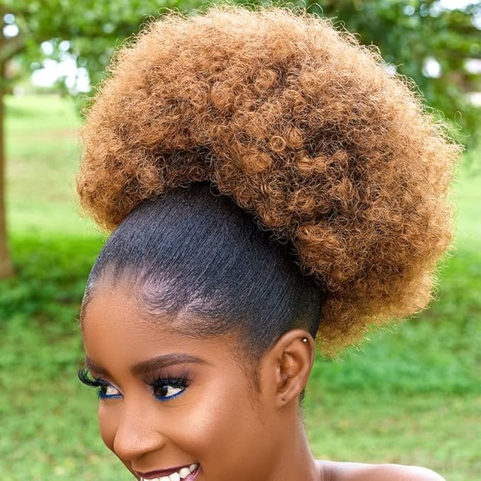 Afro Puff Drawstring Ponytail with Bangs ponytail extension for black women Short Curly Clip in Wrap Updo Hairpiece(T27) (No bangs, T27#)