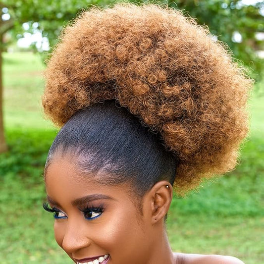 Afro Puff Drawstring Ponytail with Bangs ponytail extension for black women Short Curly Clip in Wrap Updo Hairpiece(T27) (No bangs, T27#)