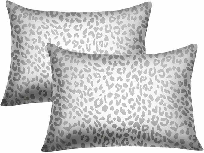 Satin Pillowcase for Hair and Skin, Soft and Cooling Similar to Silk Pillow Cases 2 Pack with Envelope Closure Standard Size Satin Pillow Covers, Gift for Women Men(20"x26", Leopard, Silver)