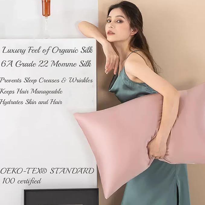 100% Mulberry Silk Pillowcase with Zipper Made in USA, Real 22 Momme Silk Pillow Cases Queen for Hair and Skin, NOT Satin Pillowcase, Anti Acne, Anti Aging, 1 Pc 20"x30" (Queen, Dusty Rose)