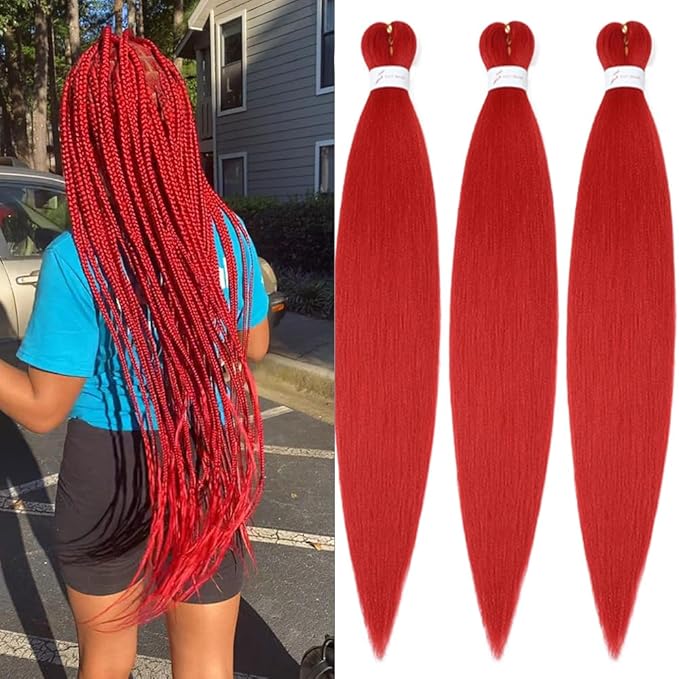 Red Braiding Hair Extensions 32 Inch Pre stretched Braiding Hair Yaki Braids Hair Hot Water Setting Synthetic Hair Colored Braiding Hair Pre stretched Crochet Hair(32Inch,3 Packs,Red#)