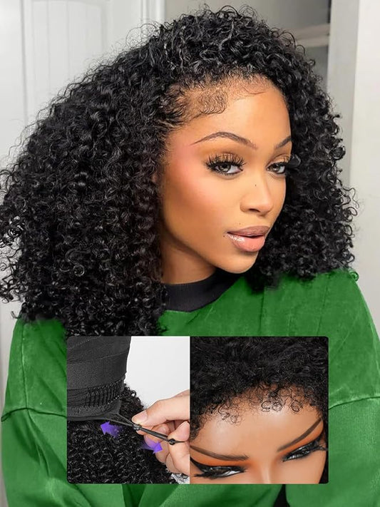 Kinky Curly Half Wig Human Hair Upgrade 4C Edge Hairline 200% Density Wear Go Glueless 3 In 1 Drawstring Seamless Flip Over Wig for Women Daily Wear Headband Wig Beginner Friendly (16 inch)