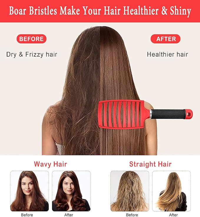 KTKUDY Detangling Brush Boar Bristles Hair Brush Make Hair Shiny & Healthier Curved and Vented Detangler Brush for Women Men Kids Wet and Dry Hair (Red)