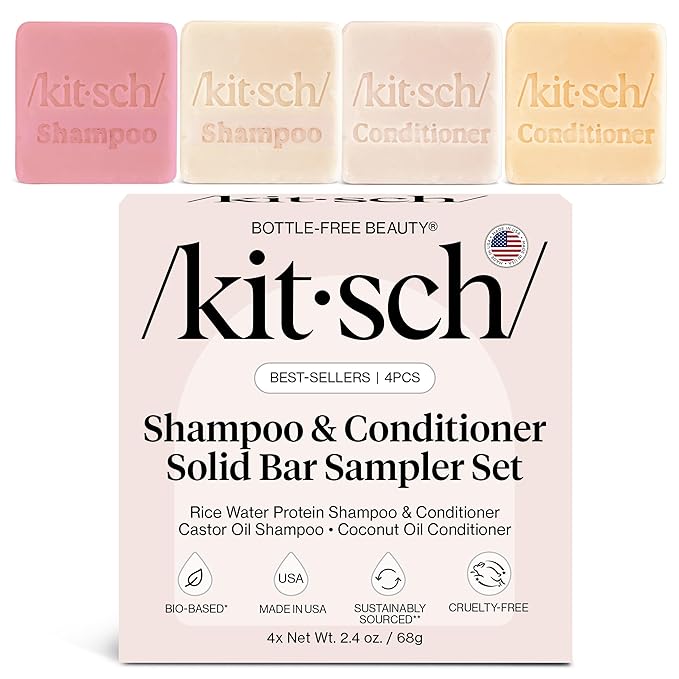 Kitsch Shampoo and Conditioner Set - 4pc Sampler Bars with Rice Water Shampoo and Conditioner, Castor Oil Shampoo & Coconut Oil Conditioner - Bottle-Free Beauty for Hair Growth, Repair & Moisture