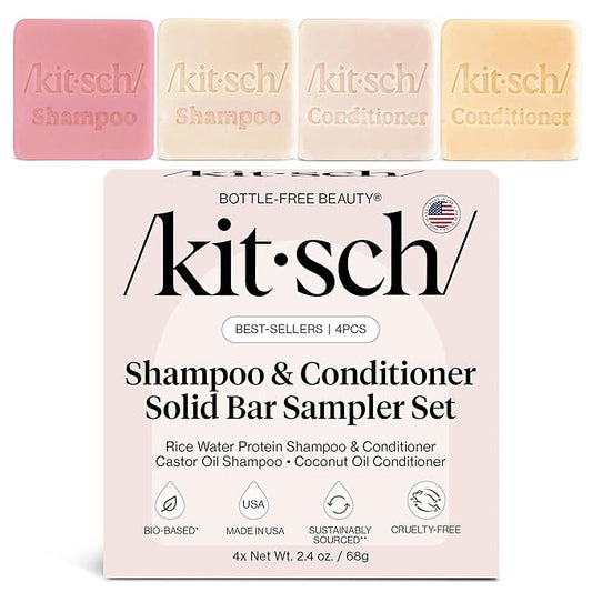 Kitsch Shampoo and Conditioner Set - 4pc Sampler Bars with Rice Water Shampoo and Conditioner, Castor Oil Shampoo & Coconut Oil Conditioner - Bottle-Free Beauty for Hair Growth, Repair & Moisture
