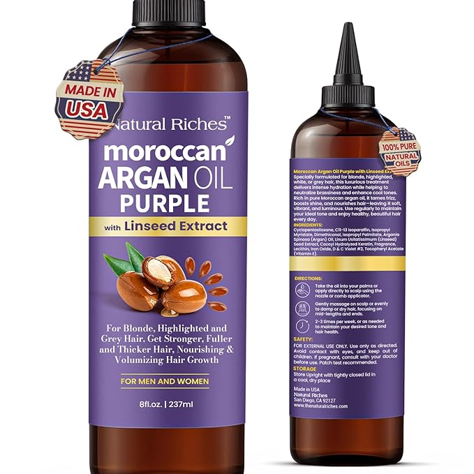 Natural Riches Purple Moroccan Argan Oil for Hair with Linseed Extract, Anti-Brass Formula for Blonde, Silver, Platinum & Grey Hair Neutralize Yellow Tone, Smooths Frizz & Restore Shine 8 fl oz