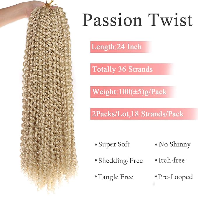 Leeven 24 Inch Long Water Wave Crochet Hair for Passion Twist 2 Packs Blonde Curly Bohemian Passion Twists Hair for Butterfly Locs Braiding Hair for Women 613#
