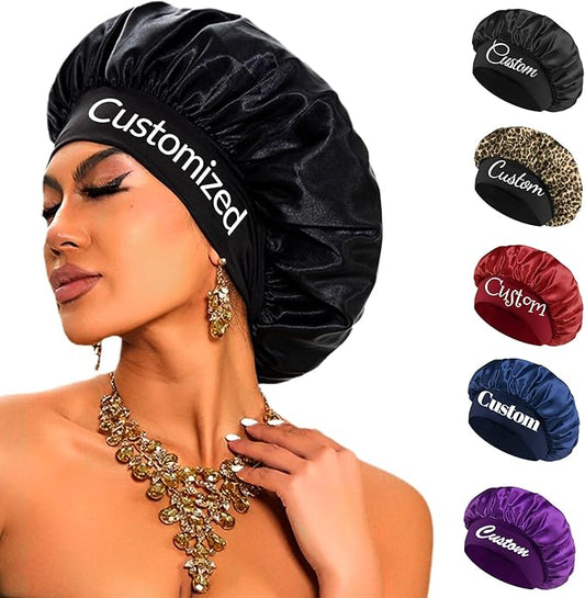 Custom Silk Bonnet for Women - Personalized Name Logo Satin Bonnet Hair Wrap for Sleeping Band Sleep Night Head Cover for Curly Braid Fine Black