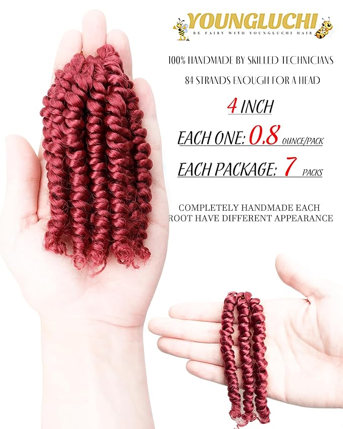 4 Inch 7 Packs Super Short Passion Twist Crochet Hair for Black Women and Kids-Burgundy Pre Looped Pretwisted Soft Hair Extensions,Braided by Synthetic Spring Kinky Twist Bohemian Curl(4"-7P,BUG#)