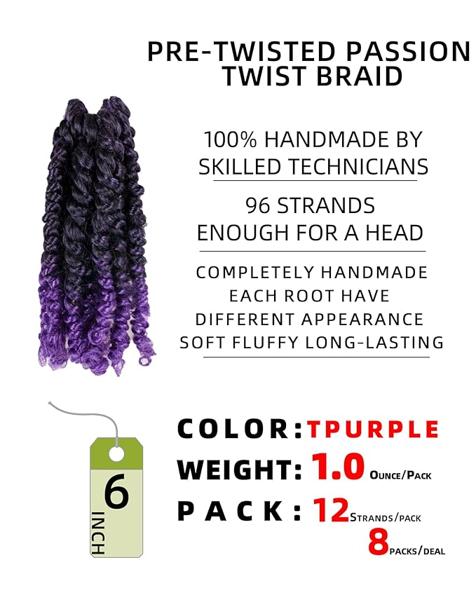 Pre Looped Pretwisted 6 Inches 8 Packs Passion Twist Crochet Hair for Black Women and Kids-Omber Purple,Soft Lightweight Hair Extension(6"-8 Packs,T1B/Purple)
