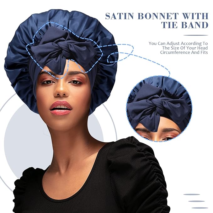 Satin Hair Bonnet Wide Band - Silk Like Sleeping Bonnets for Curly Hair Hair Wrap for Night Cap with Tie Band Breathable Satin Bonnet for Women and Girls (Navy)