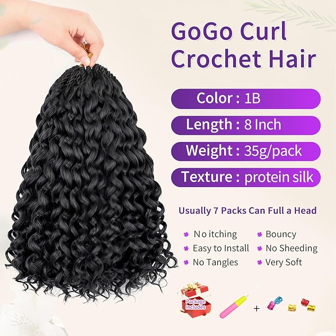 Gogo Curl Crochet Hair Protein Fiber Close to Human Hair Gogo Curl Synthetic Braiding Hair Extensions, Ombre Bohemian Deep Twist 8-Inch 7-Packs for Black Women Natural Hair Care(1B, 8Inch)