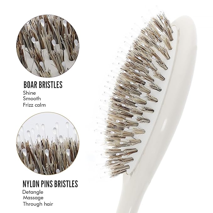 Boar Bristle Hair Brush -boar bristles + nylon pins， Smoothes & Detangles All Hair Types, Hairbrush for Women, Men & Kids, Distributes Oils for Natural Shine & Stimulates Scalp