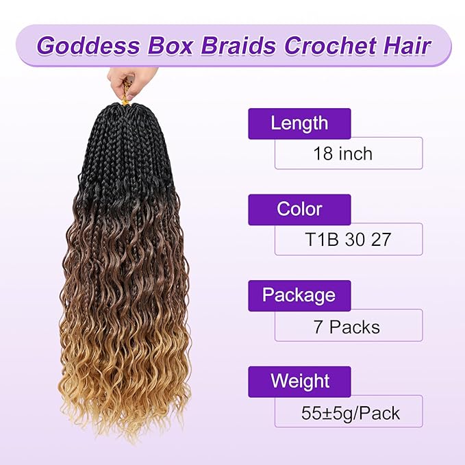 Eacia Goddess Box Braids Crochet Hair 18 Inch 7 Packs Pre Looped Ombre Crochet Hair with Curly Ends Boho Box Braids for Women(18 Inch, T1B/30/27#)