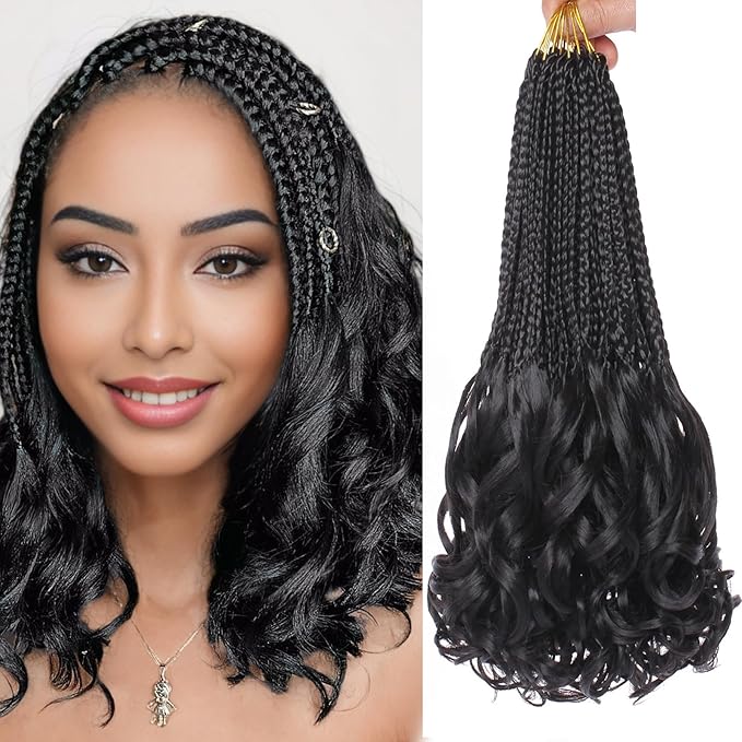 10 Inch French Curl Crochet Braids 9 Packs Natural Black Goddess Box Braids Crochet Hair Pre Looped Synthetic Bohemian Crochet Box Braids Curly Ends for Women
