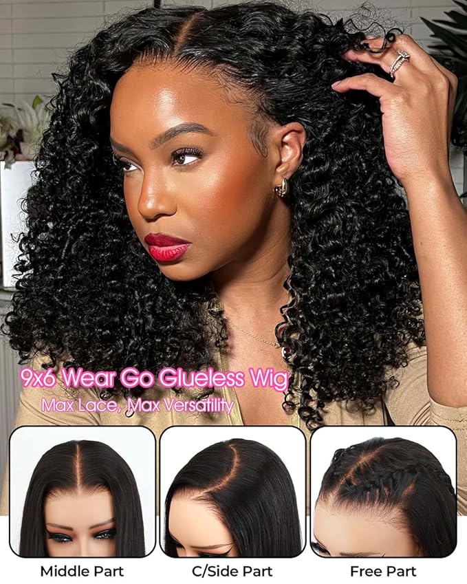 BGM GIRL 9x6 M Cap Water Wave Glueless Wig Human Hair Pre Bleached Tiny Knots Pre Cut HD Lace 180% Density Deep Wave Wear Go Wig Pre Plucked Transparent Lace Natural Black 24 Inch