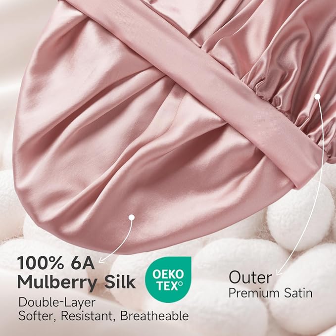 22 Momme 100% Real Mulberry Silk Bonnet for Sleeping Women, Large Hair Care Bonnet for Long Curly Hair, Double Layer Silk Wrap with Soft Elastic Band, Non-Slip Sleep Cap, Pink